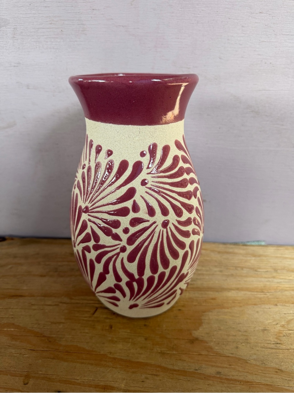 Handmade Talavera-Engobe Flower Vase in Purple and Cream